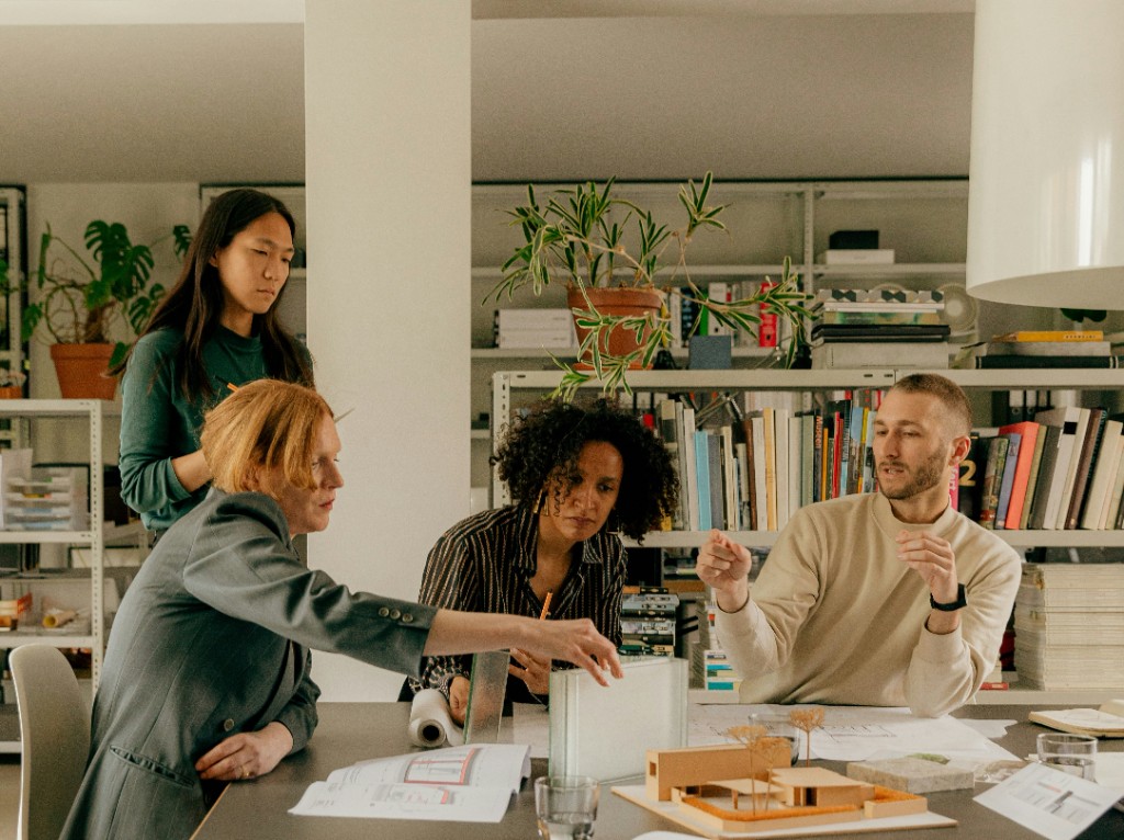 Team collaborating in a modern workspace